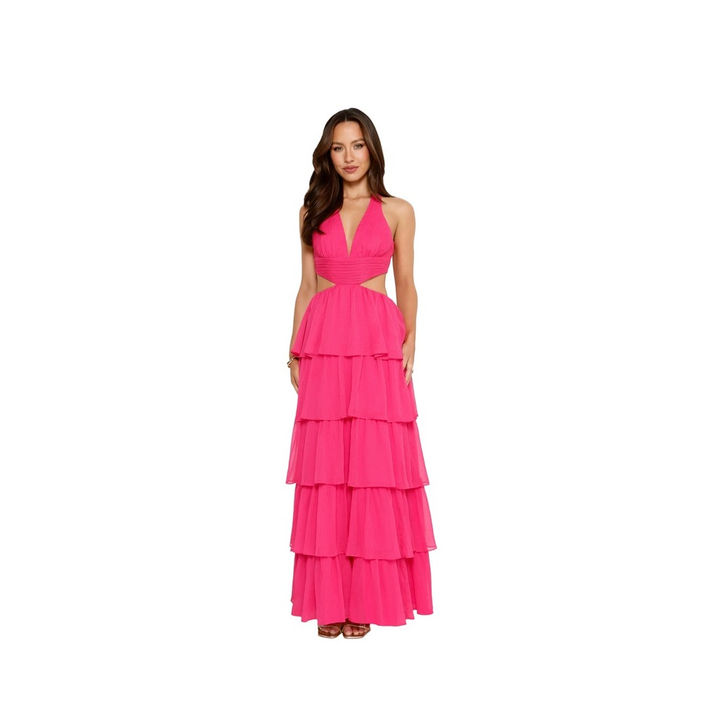 Hello Molly Cascading Romance Maxi Dress Sz Medium Pink Ruffle Formal Flowy NWT